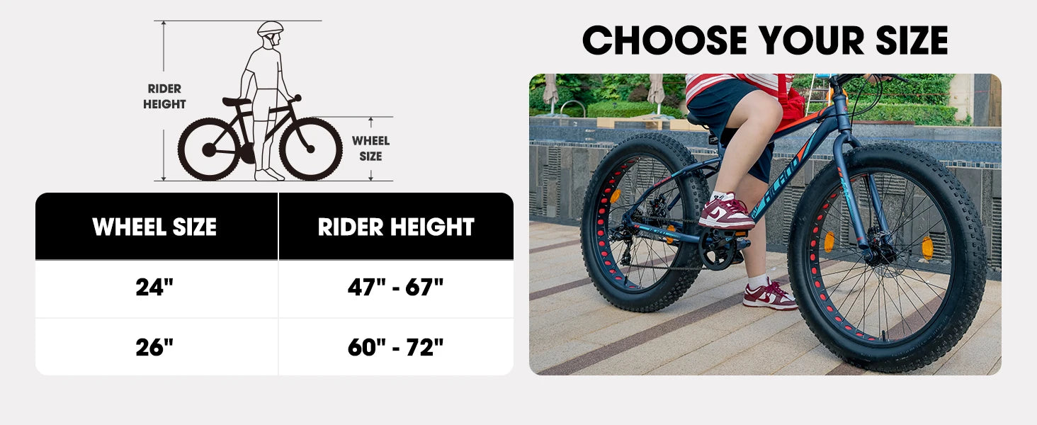 🚲 Fat Tire Mountain Bike – Shimano 7-Speed, Dual Disc Brakes (20” / 24” / 26”)