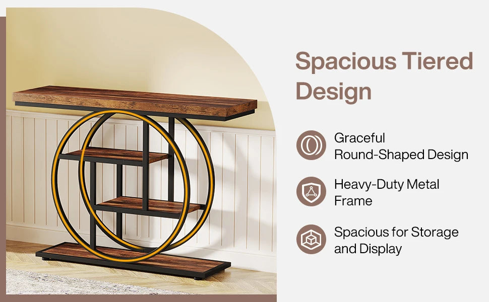 Modern 2-Ring Console Table ✨⭕ | 2-Tier Shelves + Wood Top (5 Colors)