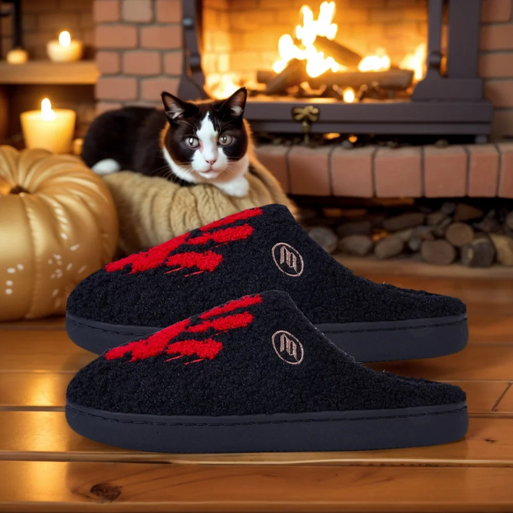 🖤🩸 Horror Handprint Slippers – Black Indoor Slides with Red Bloody Hand Design