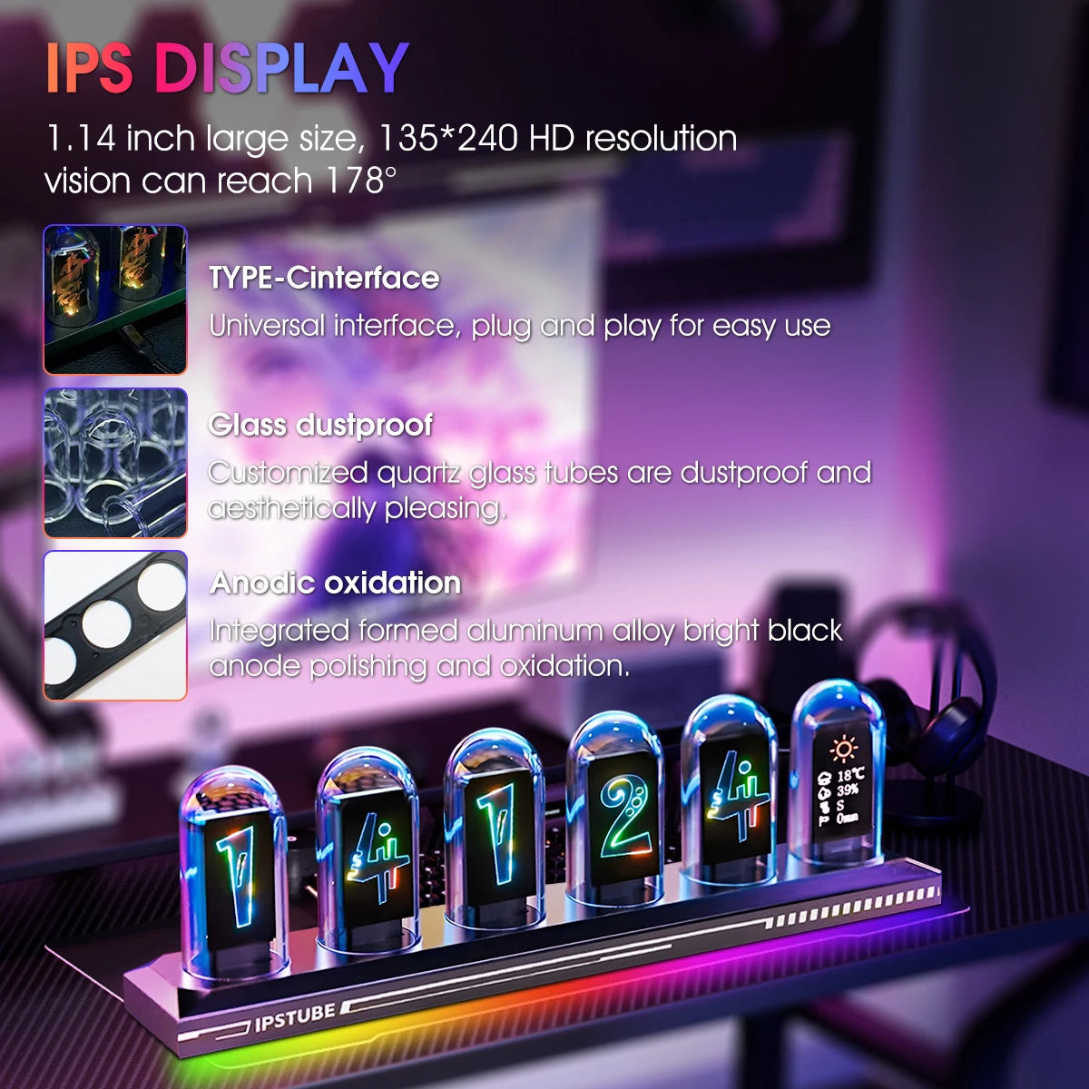 Tube Style Digital Clock ✨⏰ | IPS Color Screen + Neon Glow (RGB Base Option)