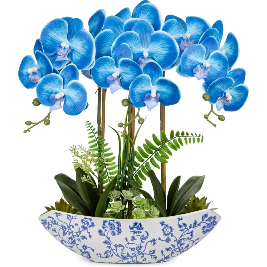 18” Blue Orchid Arrangement 💙🌸 | Faux Silk Flowers w/ Ceramic Pot
