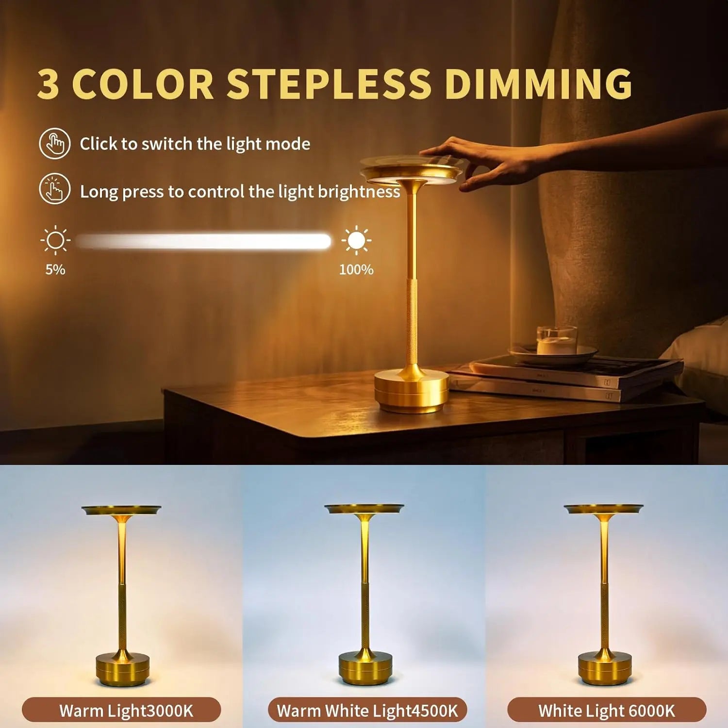 Wireless Touch LED Table Lamp ✨💡 | Portable Dimmable Mood Light (Gold/Silver/Black)