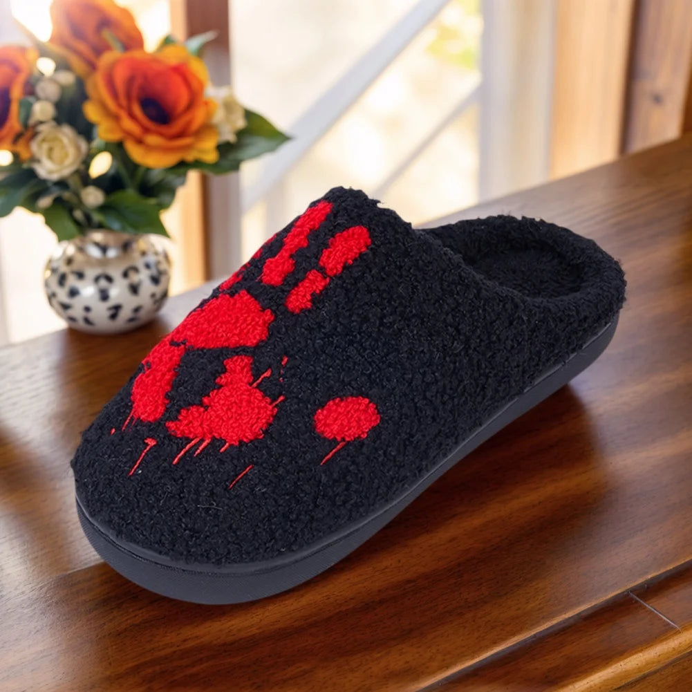 🖤🩸 Horror Handprint Slippers – Black Indoor Slides with Red Bloody Hand Design