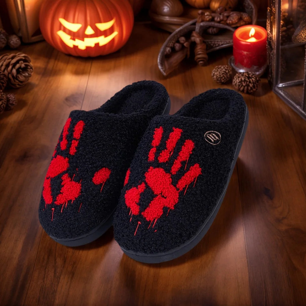 🖤🩸 Horror Handprint Slippers – Black Indoor Slides with Red Bloody Hand Design