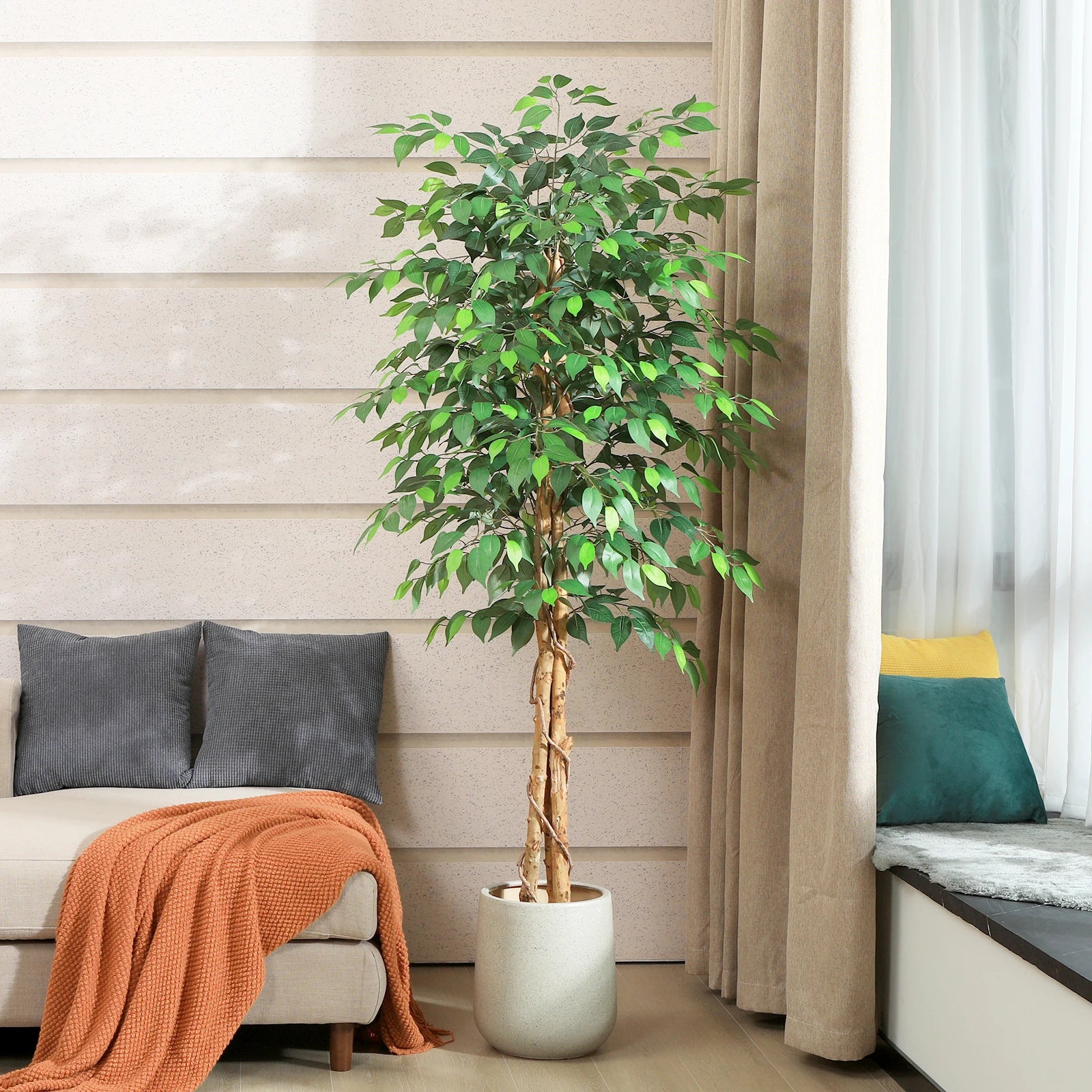 Artificial Ficus Tree w/ Curved Trunk 🌿✨ | Realistic Silk Faux Plant (4–7FT)