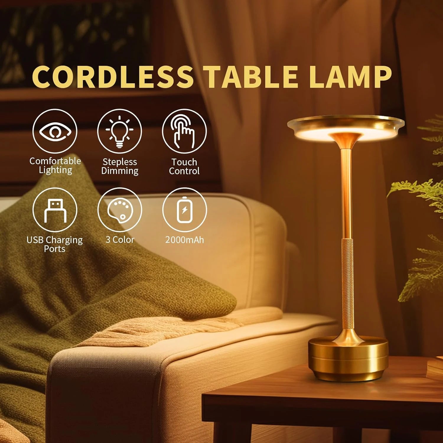 Wireless Touch LED Table Lamp ✨💡 | Portable Dimmable Mood Light (Gold/Silver/Black)