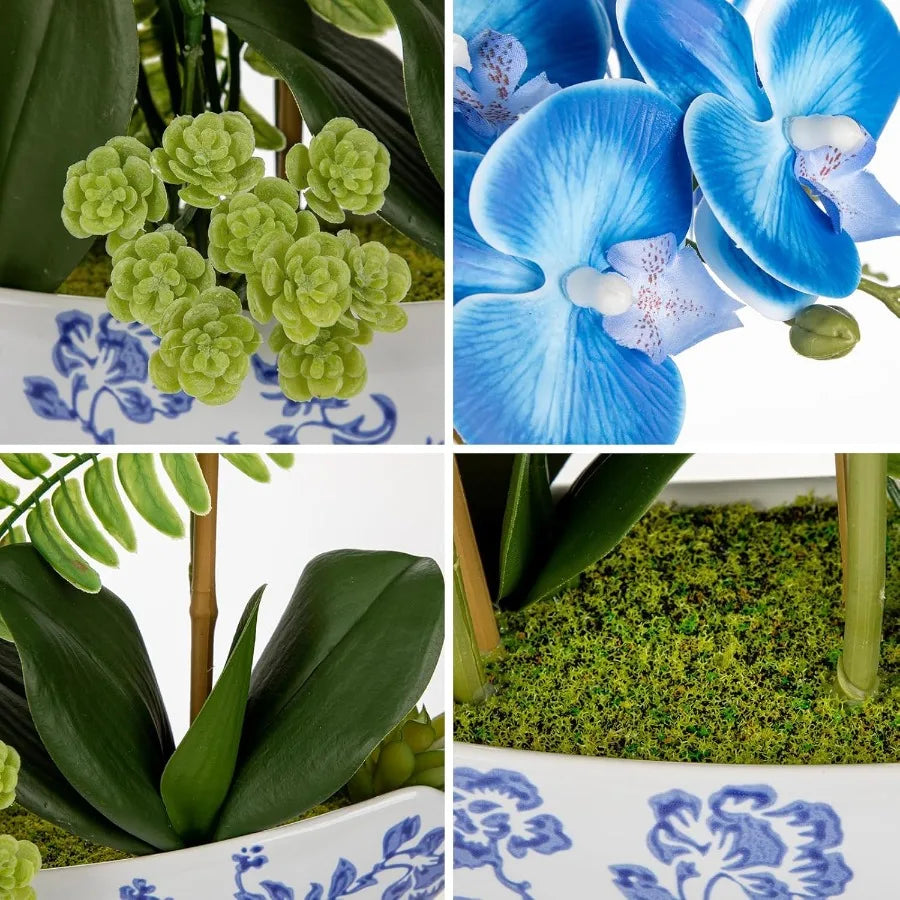 18” Blue Orchid Arrangement 💙🌸 | Faux Silk Flowers w/ Ceramic Pot