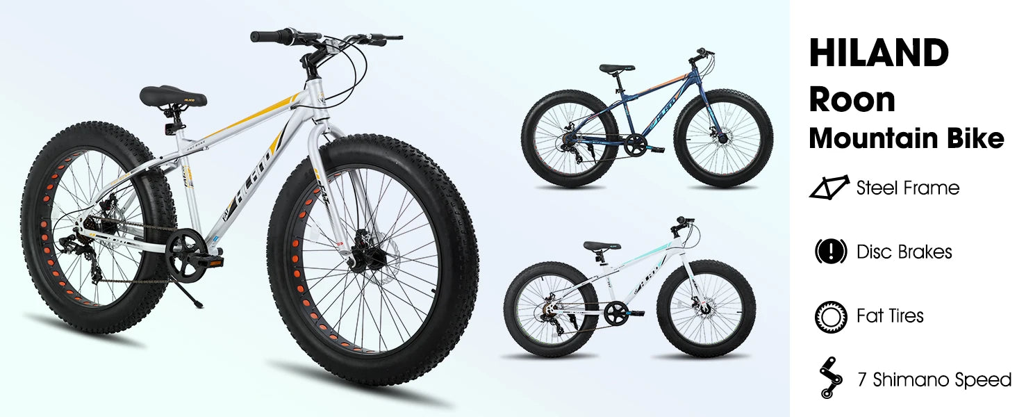 🚲 Fat Tire Mountain Bike – Shimano 7-Speed, Dual Disc Brakes (20” / 24” / 26”)