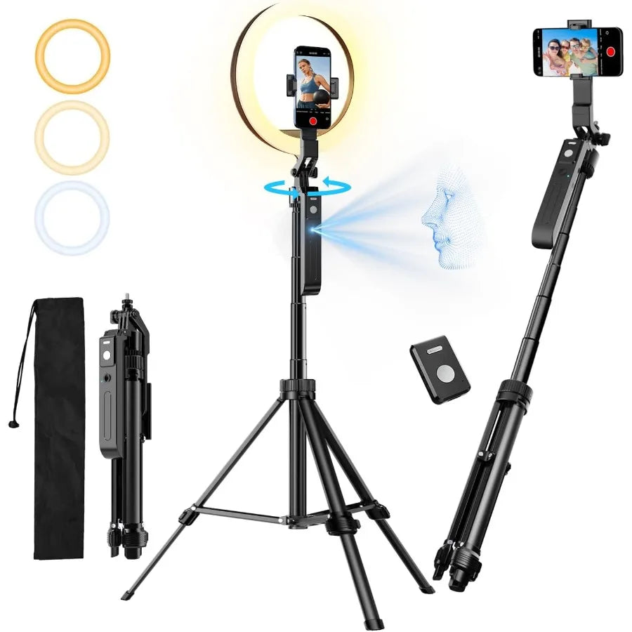 Auto Face-Tracking Tripod 🤳✨ | 360° Rotation + RGB Light + Remote & Gesture Control