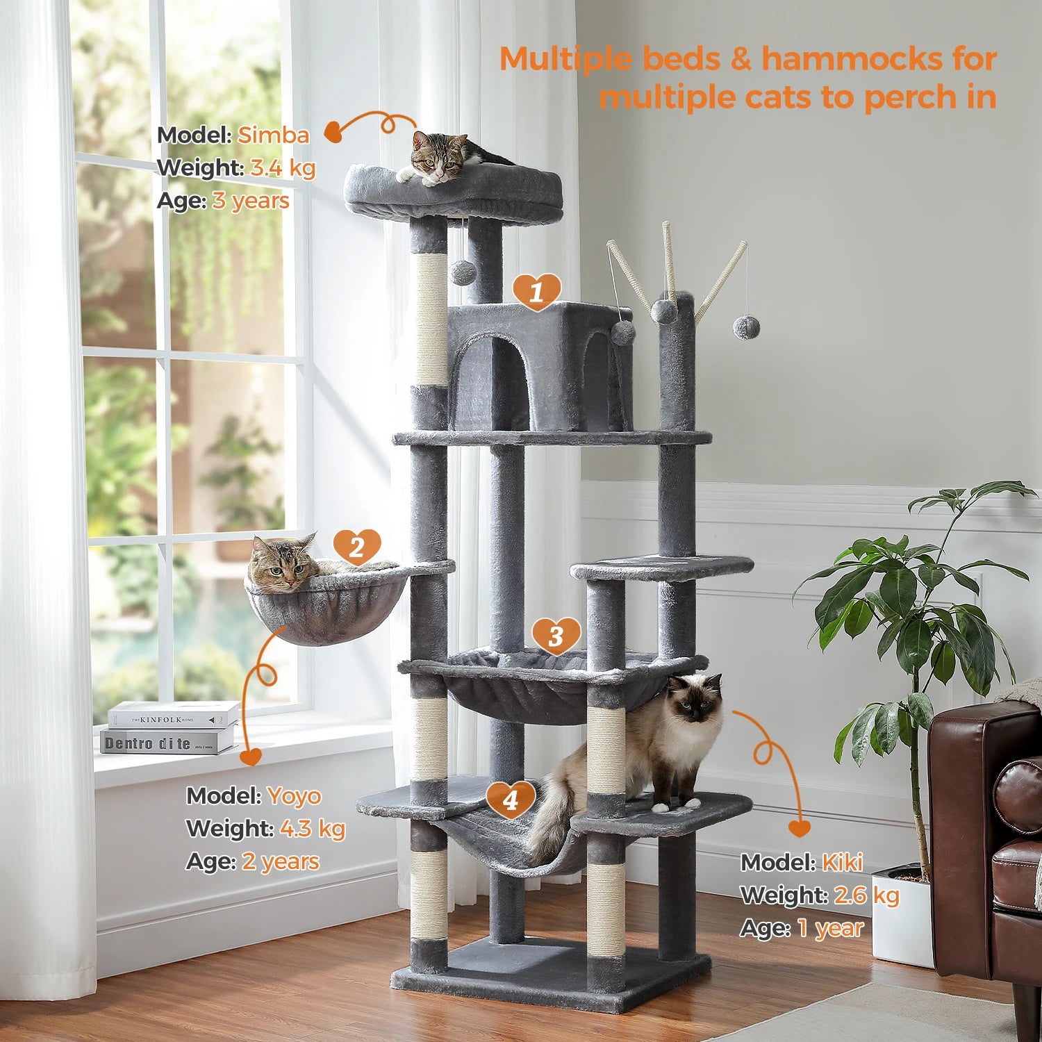 175cm Large Cat Tree Tower 🐱✨ | Multiple Cubbies + Hanging Toys (9 Color Options)