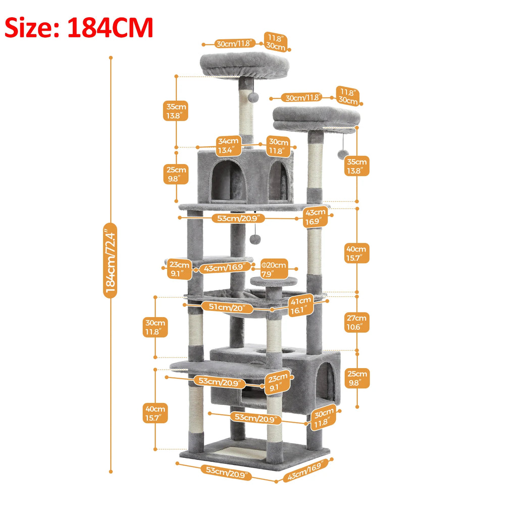 Large Cat Tree Tower 🐱🏡 | Scratching Posts + Hammock + Toys (136/164/184cm)