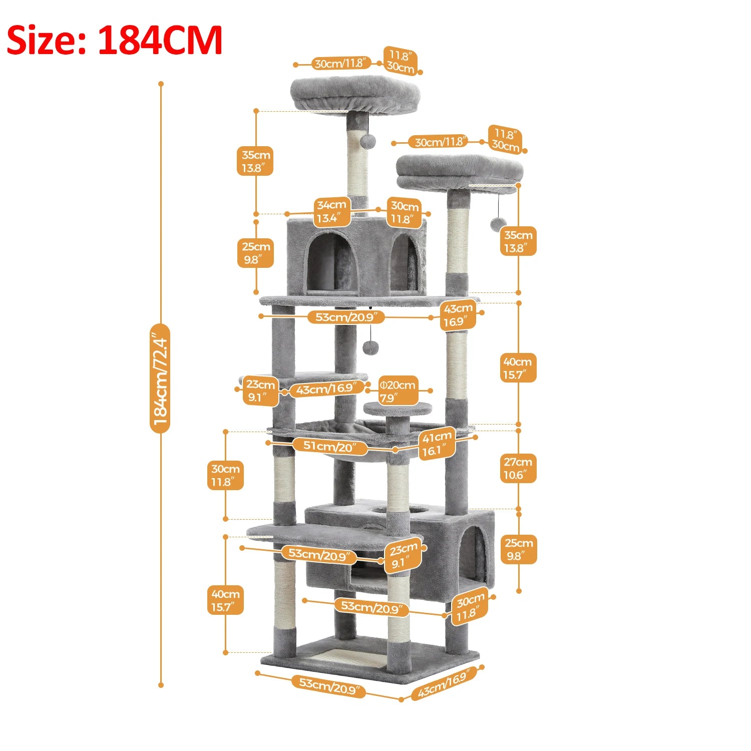 Large Cat Tree Tower 🐱🏡 | Scratching Posts + Hammock + Toys (136/164/184cm)
