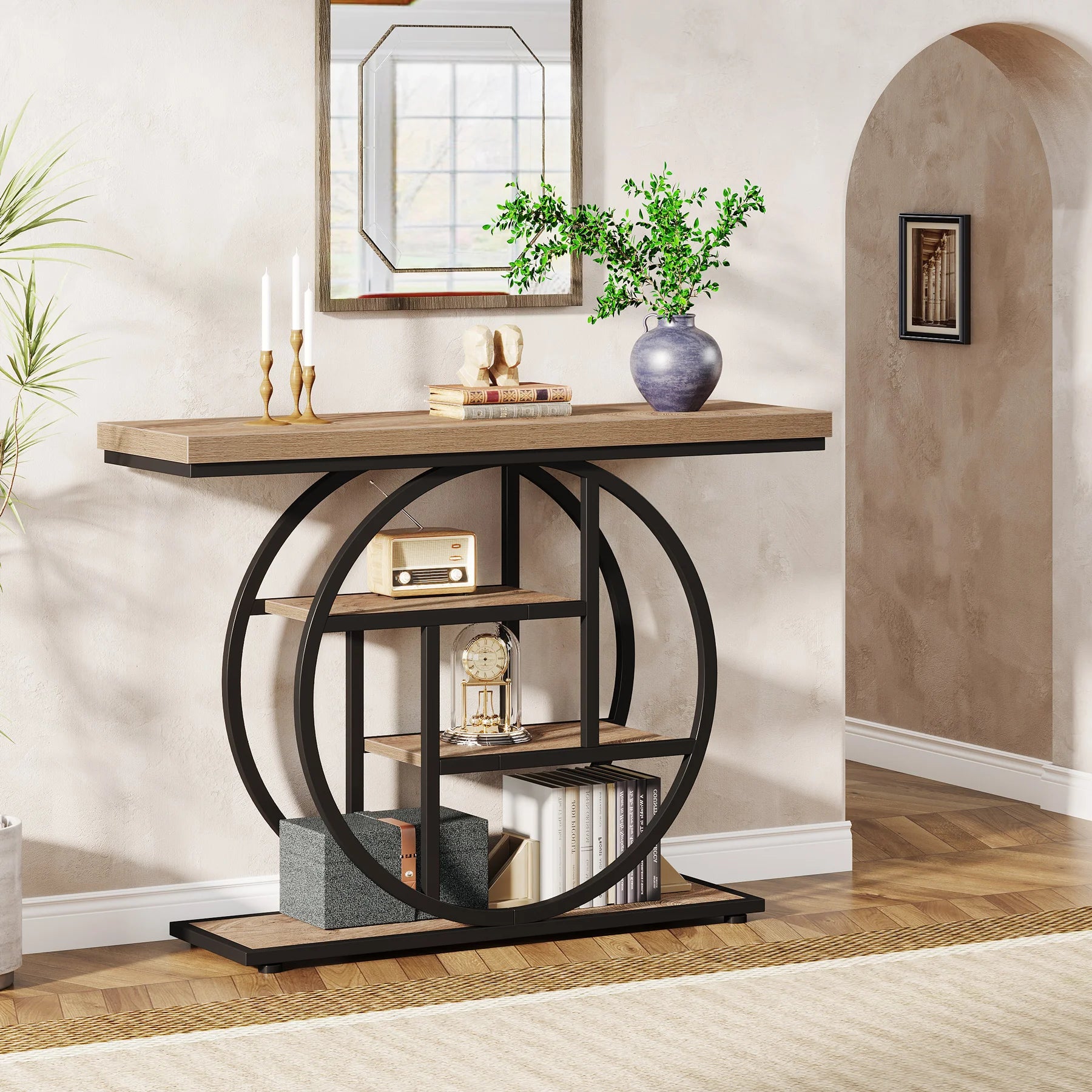 Modern 2-Ring Console Table ✨⭕ | 2-Tier Shelves + Wood Top (5 Colors)