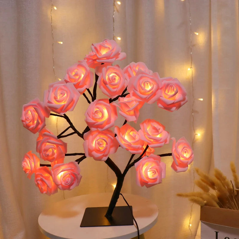 LED Rose Tree Table Lamp 🌹✨ | 24 LEDs + 3 Light Modes (USB Powered)