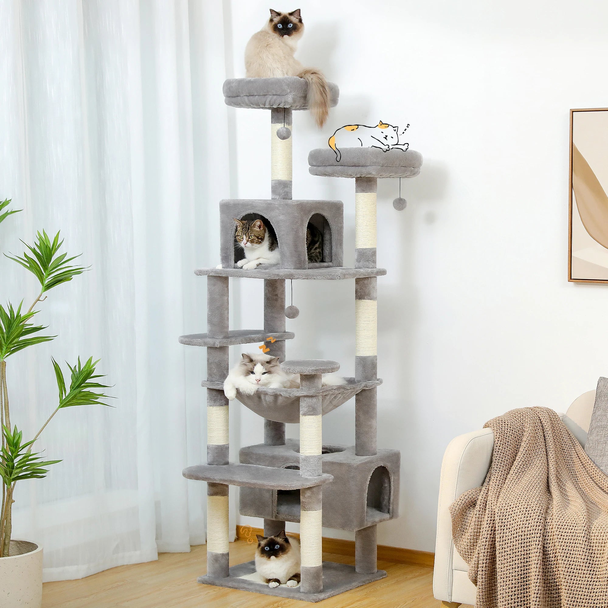 Large Cat Tree Tower 🐱🏡 | Scratching Posts + Hammock + Toys (136/164/184cm)