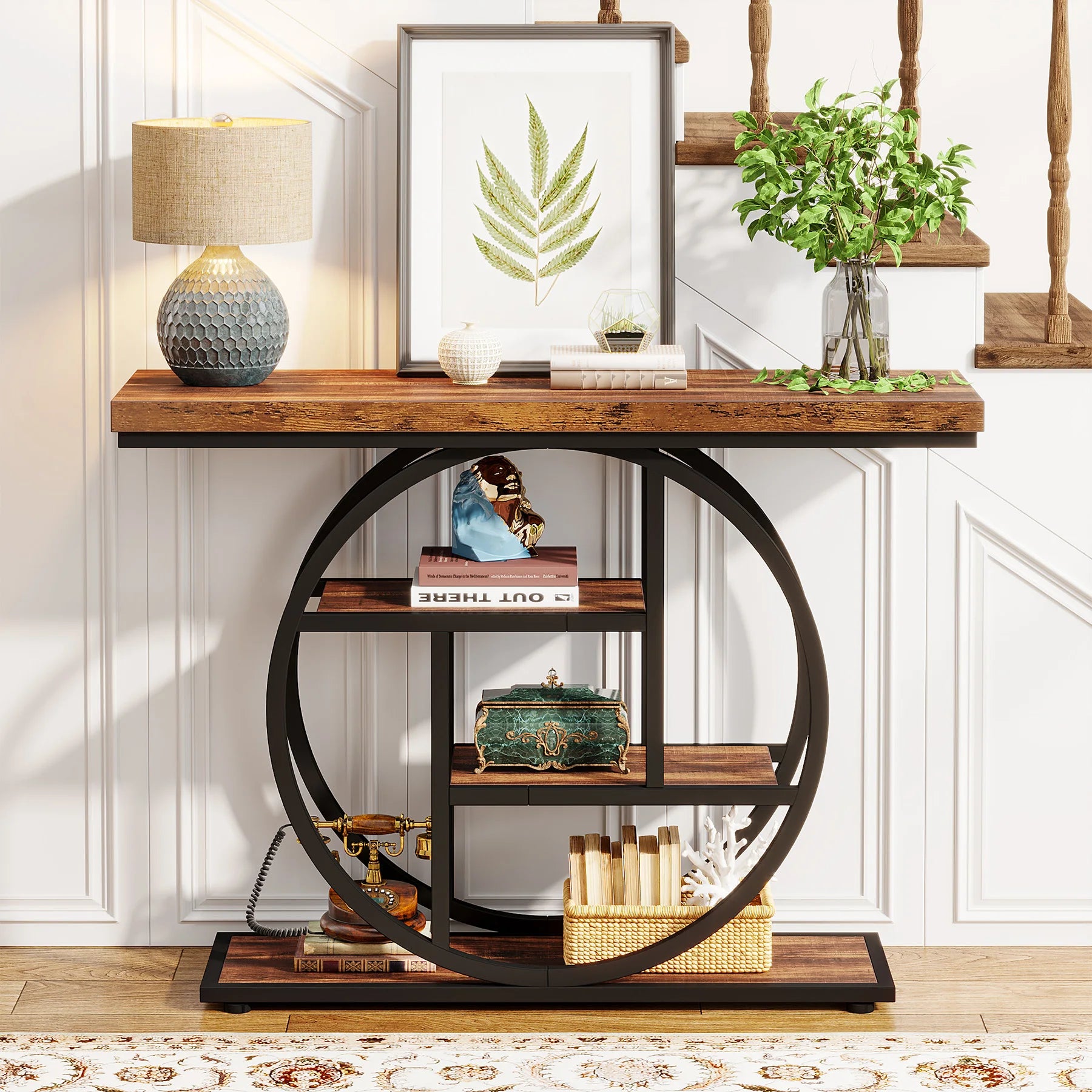 Modern 2-Ring Console Table ✨⭕ | 2-Tier Shelves + Wood Top (5 Colors)