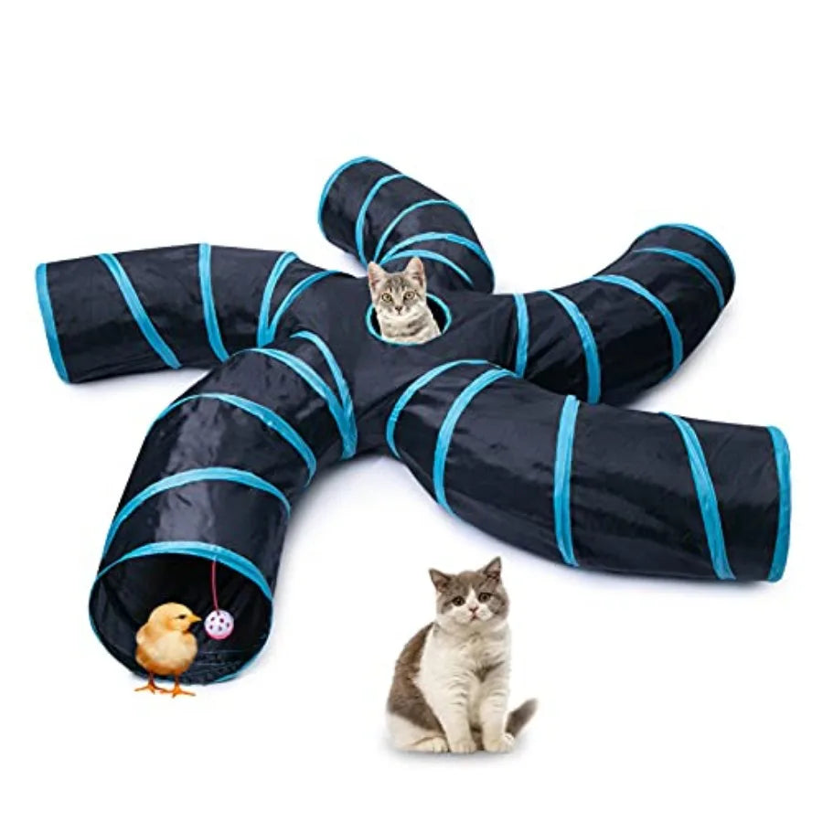 5-Way Interactive Pet Tunnel 🐾🌀 | Collapsible Cat Tunnel w/ Ball (Blue)