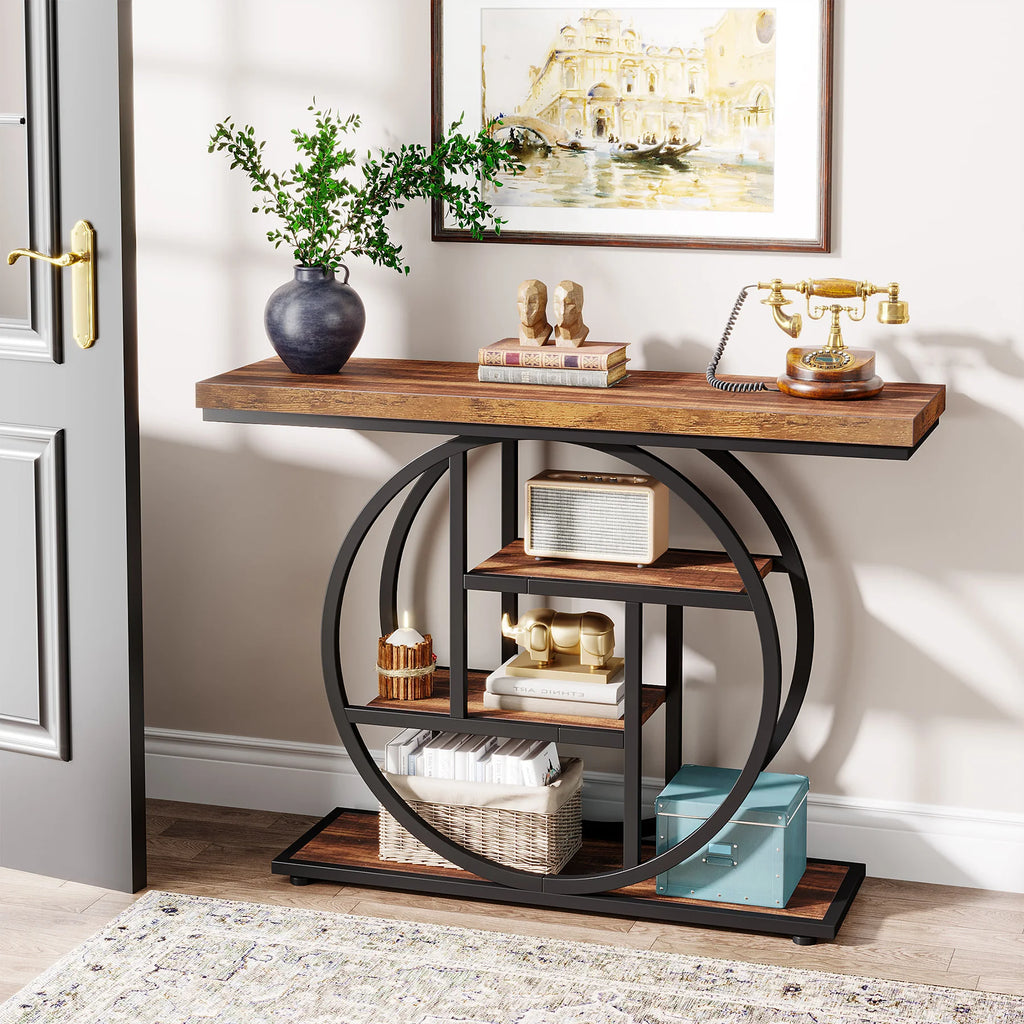Modern 2-Ring Console Table ✨⭕ | 2-Tier Shelves + Wood Top (5 Colors)
