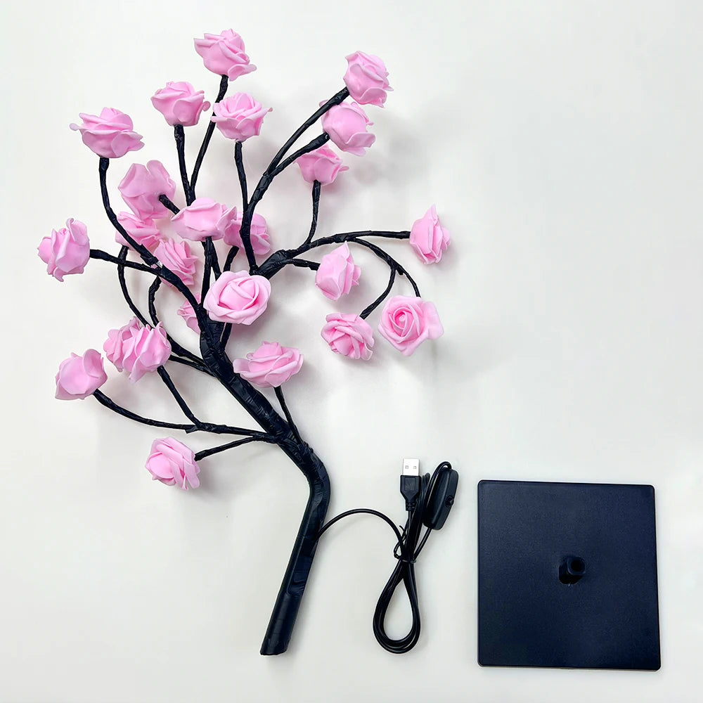 LED Rose Tree Table Lamp 🌹✨ | 24 LEDs + 3 Light Modes (USB Powered)