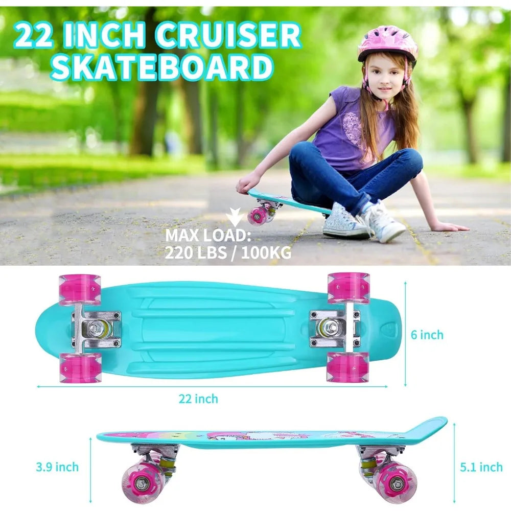 🦄💙 Blue Unicorn Mini Skateboard 22” – Kids Complete Cruiser with Flashing LED Wheels