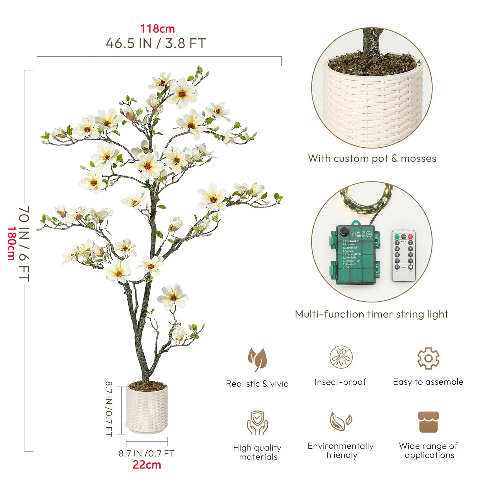 Artificial Magnolia Tree 🌸✨ | Faux Flowering Plant with LED Light (6 Variants)