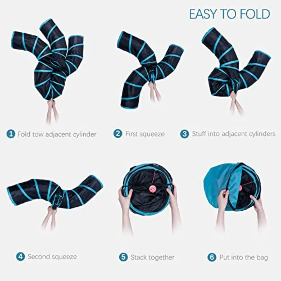 5-Way Interactive Pet Tunnel 🐾🌀 | Collapsible Cat Tunnel w/ Ball (Blue)
