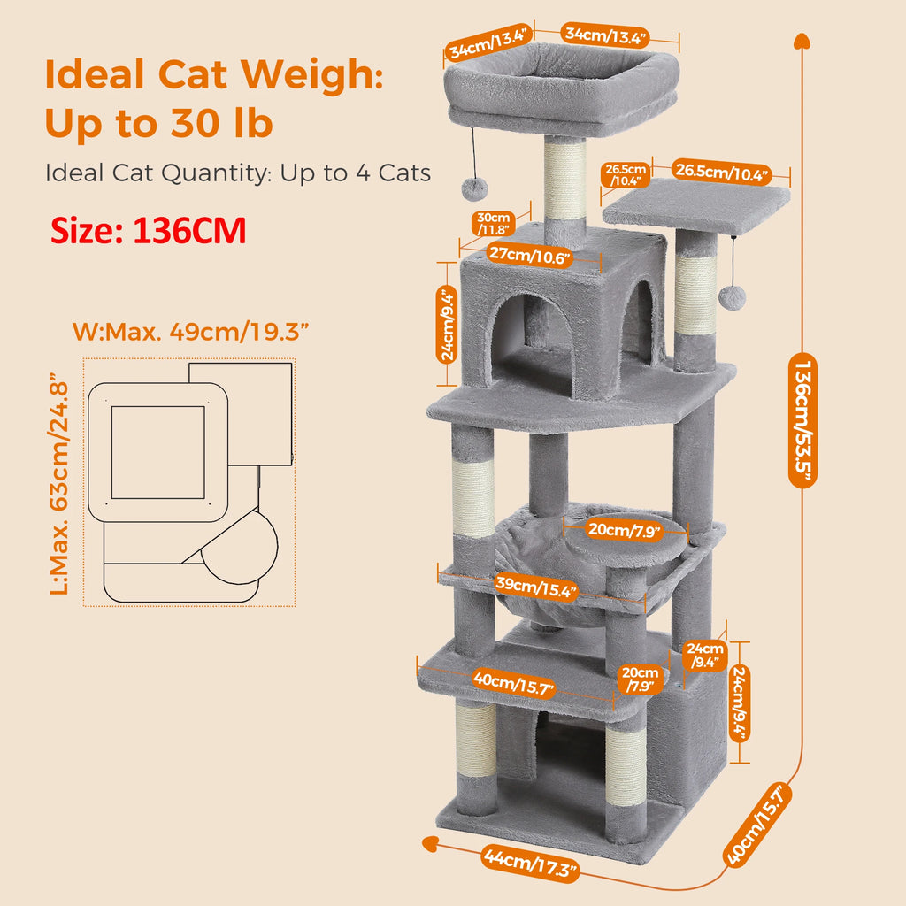 Large Cat Tree Tower 🐱🏡 | Scratching Posts + Hammock + Toys (136/164/184cm)