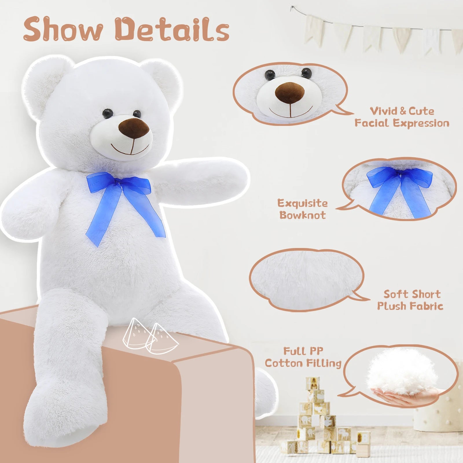 🧸🤍 White Teddy Bear Plush – 90 cm Soft & Cuddly Stuffed Toy