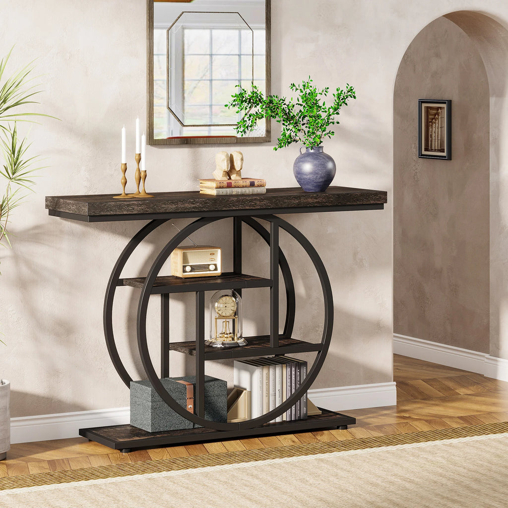 Modern 2-Ring Console Table ✨⭕ | 2-Tier Shelves + Wood Top (5 Colors)