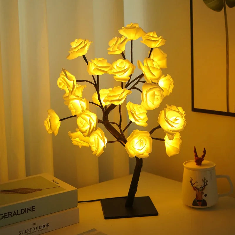 LED Rose Tree Table Lamp 🌹✨ | 24 LEDs + 3 Light Modes (USB Powered)