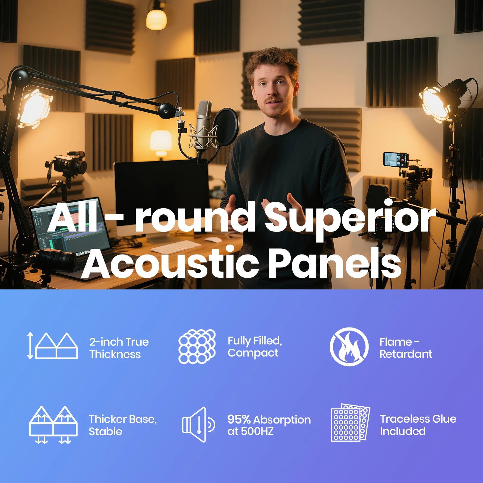 24-Pack Pyramid Acoustic Foam Panels 🎙️✨ | 12”×12”×2” Soundproof Tiles + 120 Adhesive Tabs