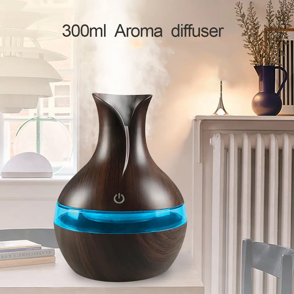 USB Aroma Diffuser & Humidifier 🌫️✨ | 300ml + 7-Color LED (Dark Wood)