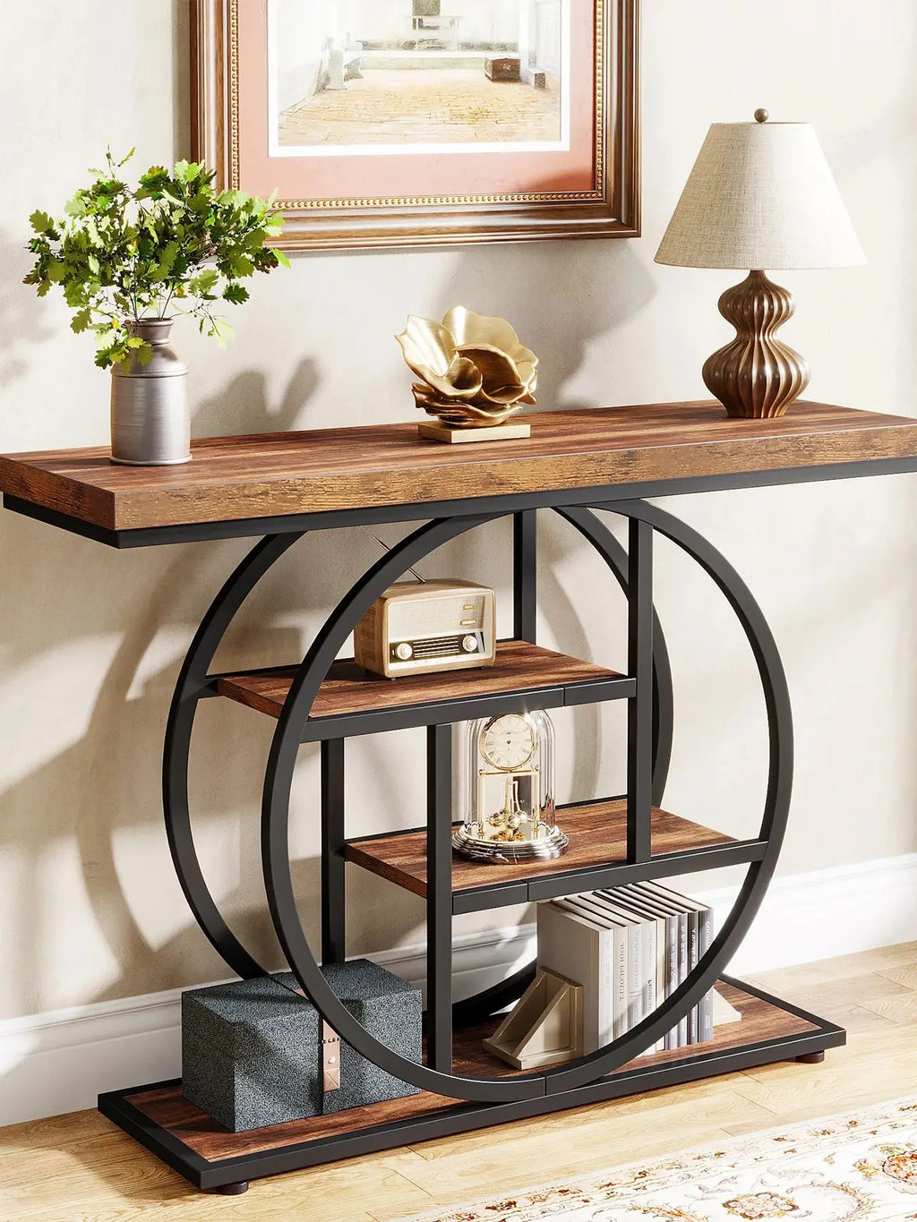 Modern 2-Ring Console Table ✨⭕ | 2-Tier Shelves + Wood Top (5 Colors)