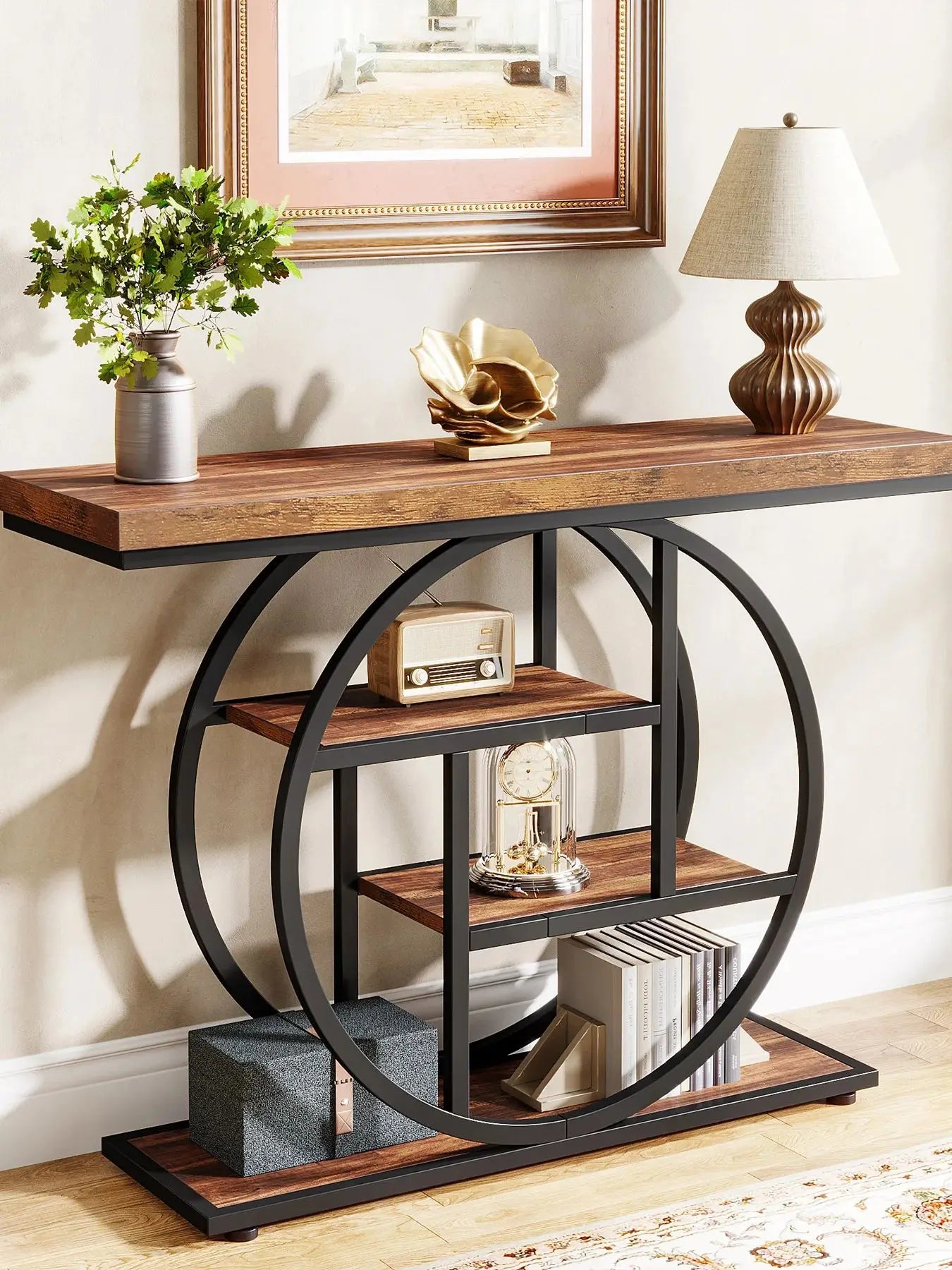 Modern 2-Ring Console Table ✨⭕ | 2-Tier Shelves + Wood Top (5 Colors)