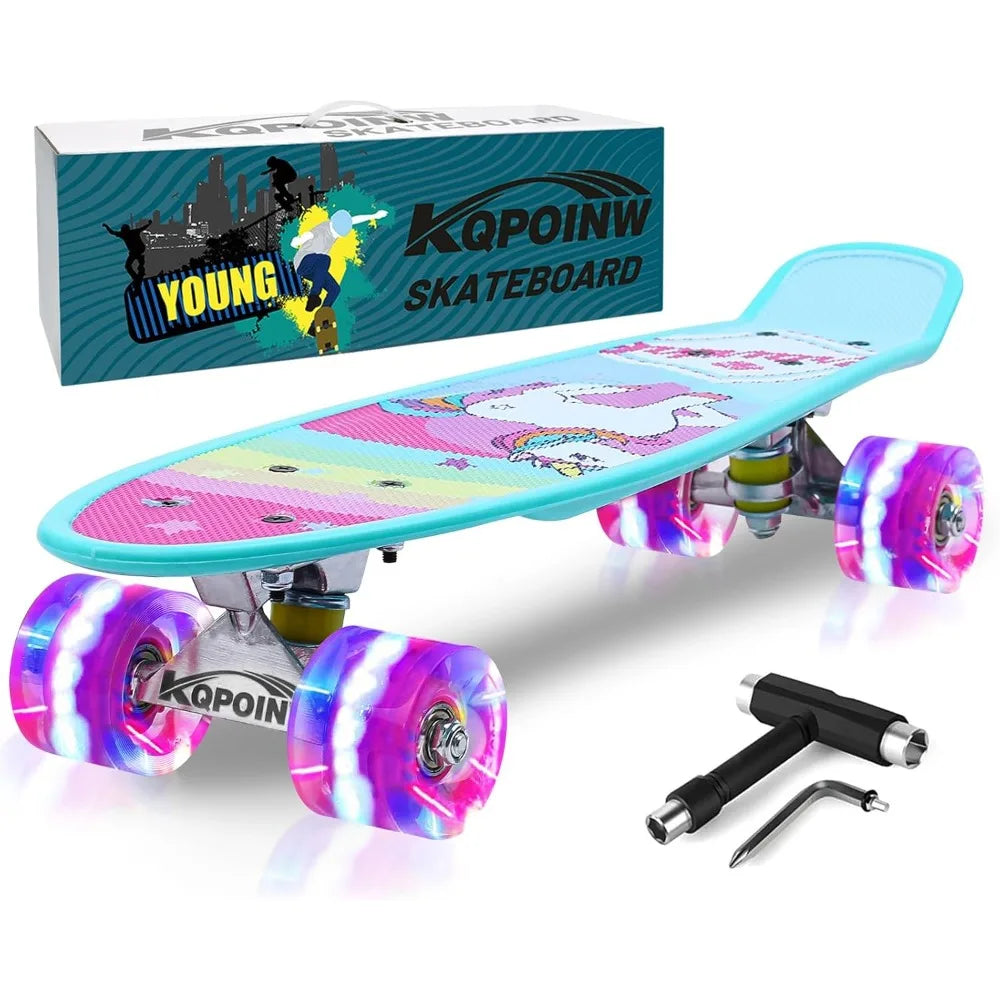 🦄💙 Blue Unicorn Mini Skateboard 22” – Kids Complete Cruiser with Flashing LED Wheels