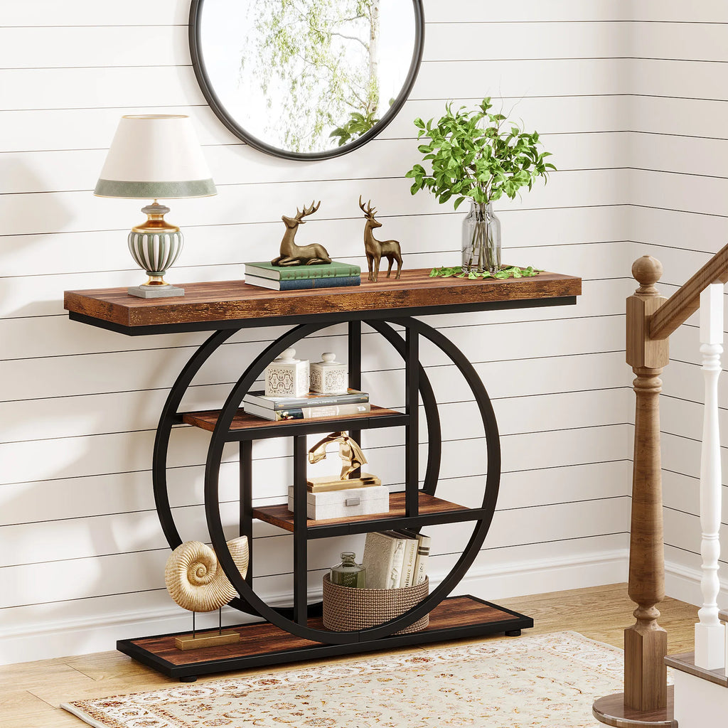 Modern 2-Ring Console Table ✨⭕ | 2-Tier Shelves + Wood Top (5 Colors)