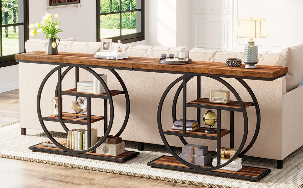 Modern 2-Ring Console Table ✨⭕ | 2-Tier Shelves + Wood Top (5 Colors)