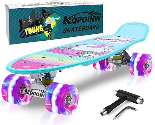 🦄💙 Blue Unicorn Mini Skateboard 22” – Kids Complete Cruiser with Flashing LED Wheels