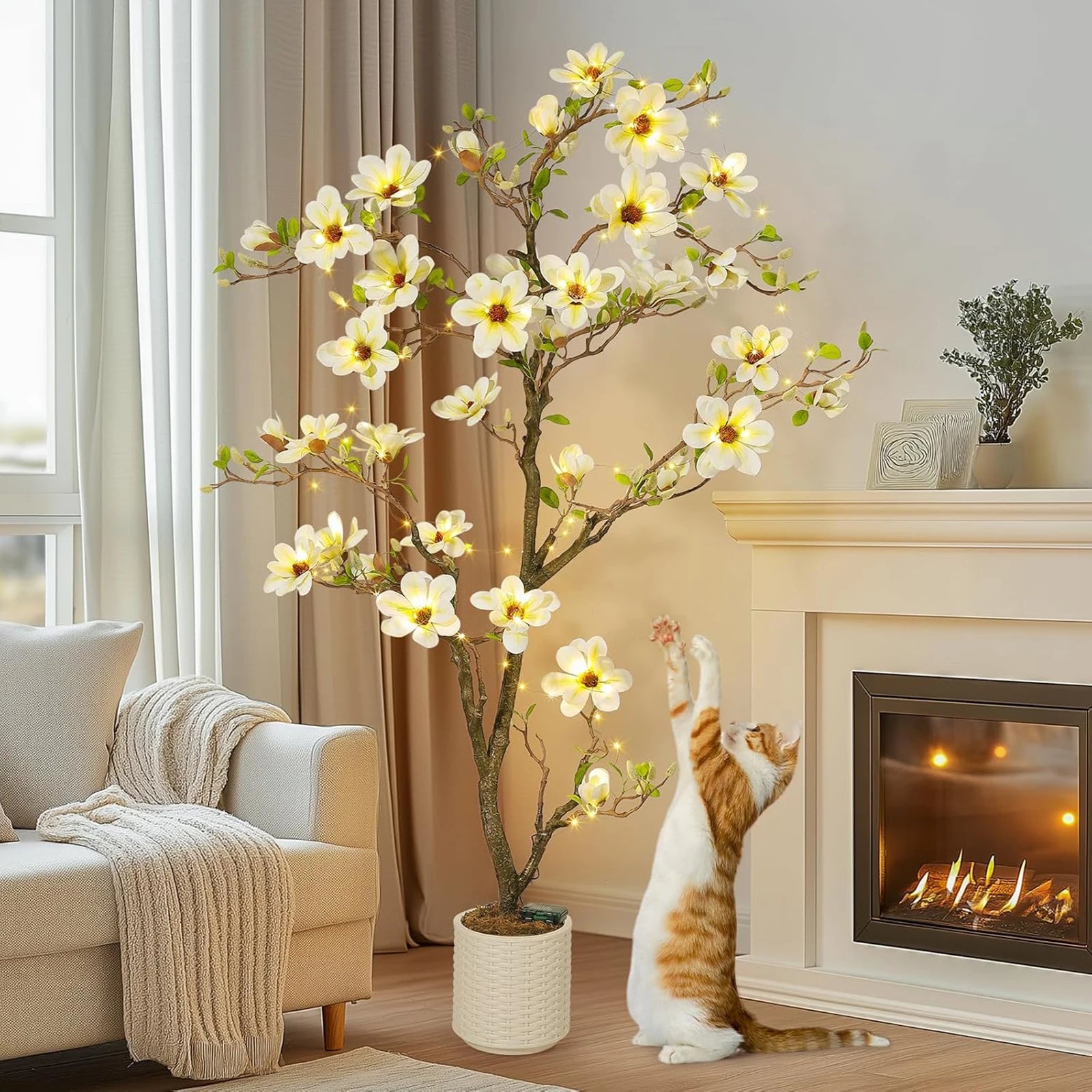 Artificial Magnolia Tree 🌸✨ | Faux Flowering Plant with LED Light (6 Variants)