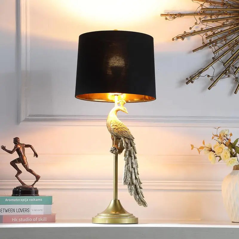 Golden Peacock Table Lamp 🦚✨ | Elegant Polyresin Pedestal Design