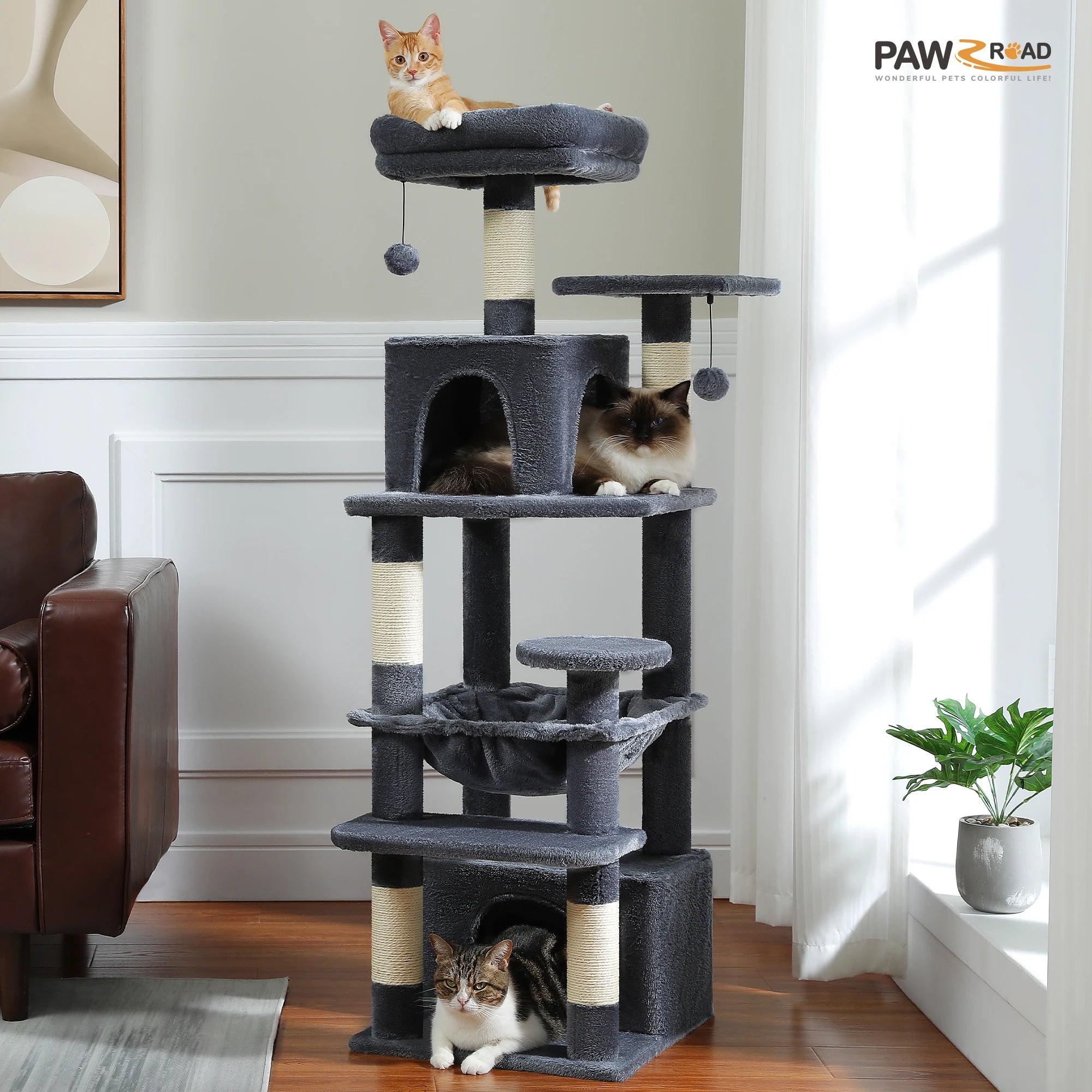 Large Cat Tree Tower 🐱🏡 | Scratching Posts + Hammock + Toys (136/164/184cm)