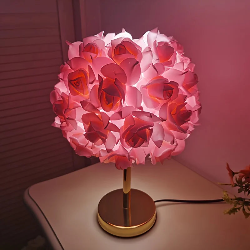 Rose Flower Table Lamp 🌹✨ | 52-Rose Shade + Polished Metal Base (Pink/White)