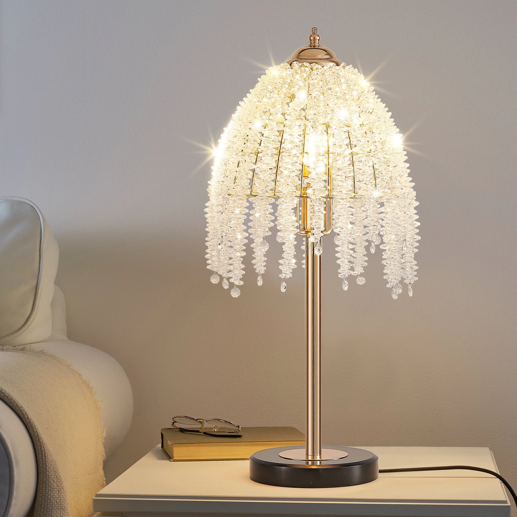 Vintage Crystal Waterfall Table Lamp 💎✨ | Grape or Octagonal Crystal Shade