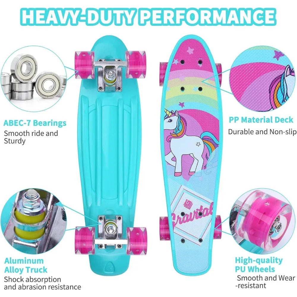 🦄💙 Blue Unicorn Mini Skateboard 22” – Kids Complete Cruiser with Flashing LED Wheels