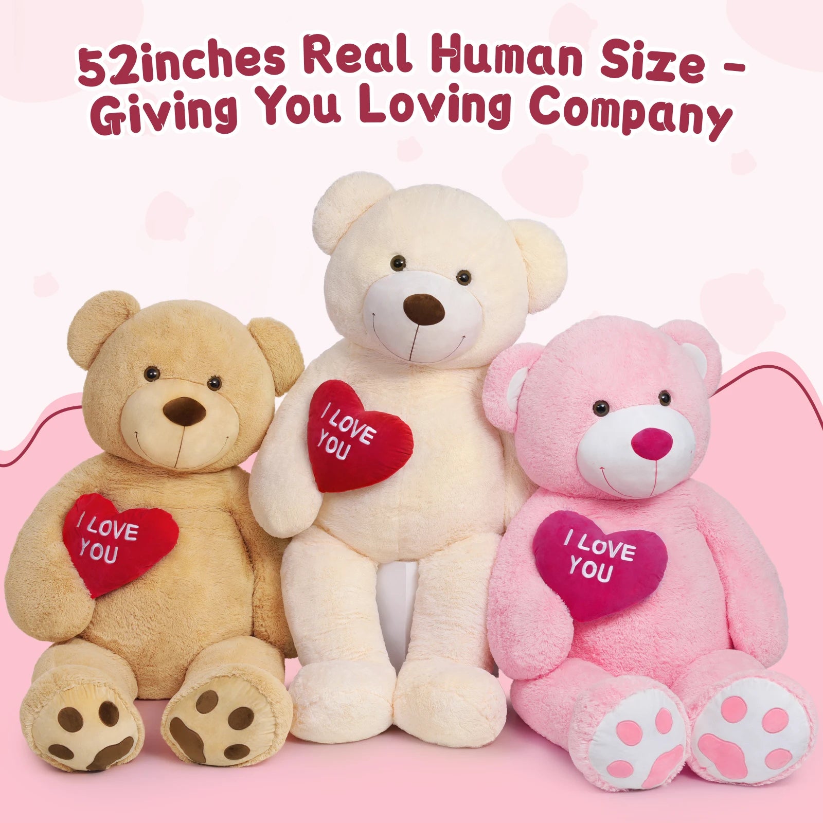 🧸💗 Giant Pink Teddy Bear 130 cm – Sitting Plush with “I Love You” Heart