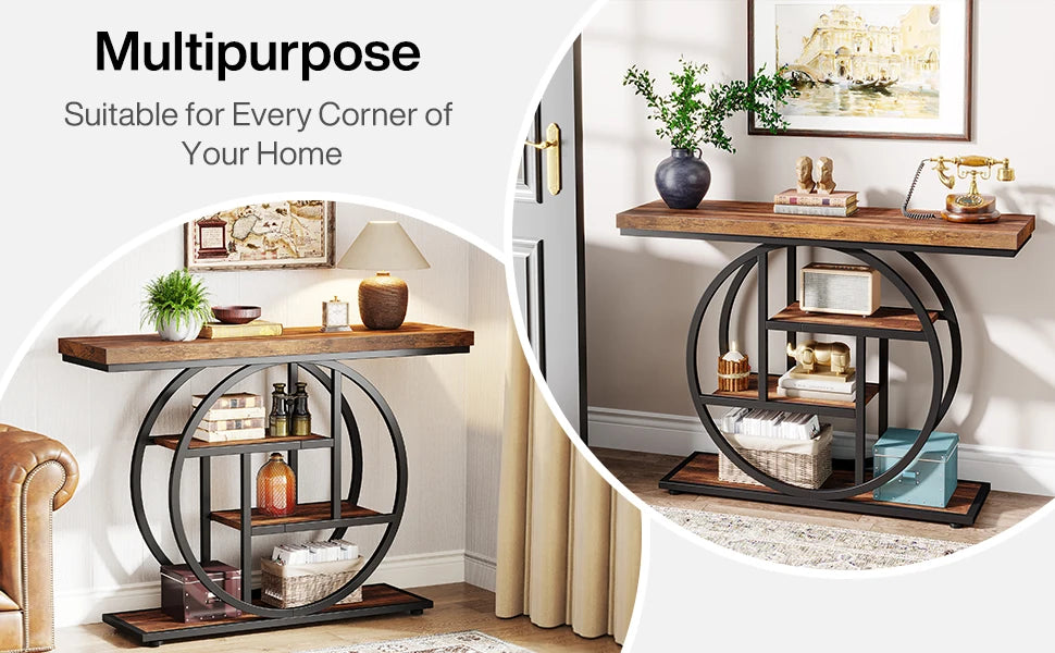 Modern 2-Ring Console Table ✨⭕ | 2-Tier Shelves + Wood Top (5 Colors)