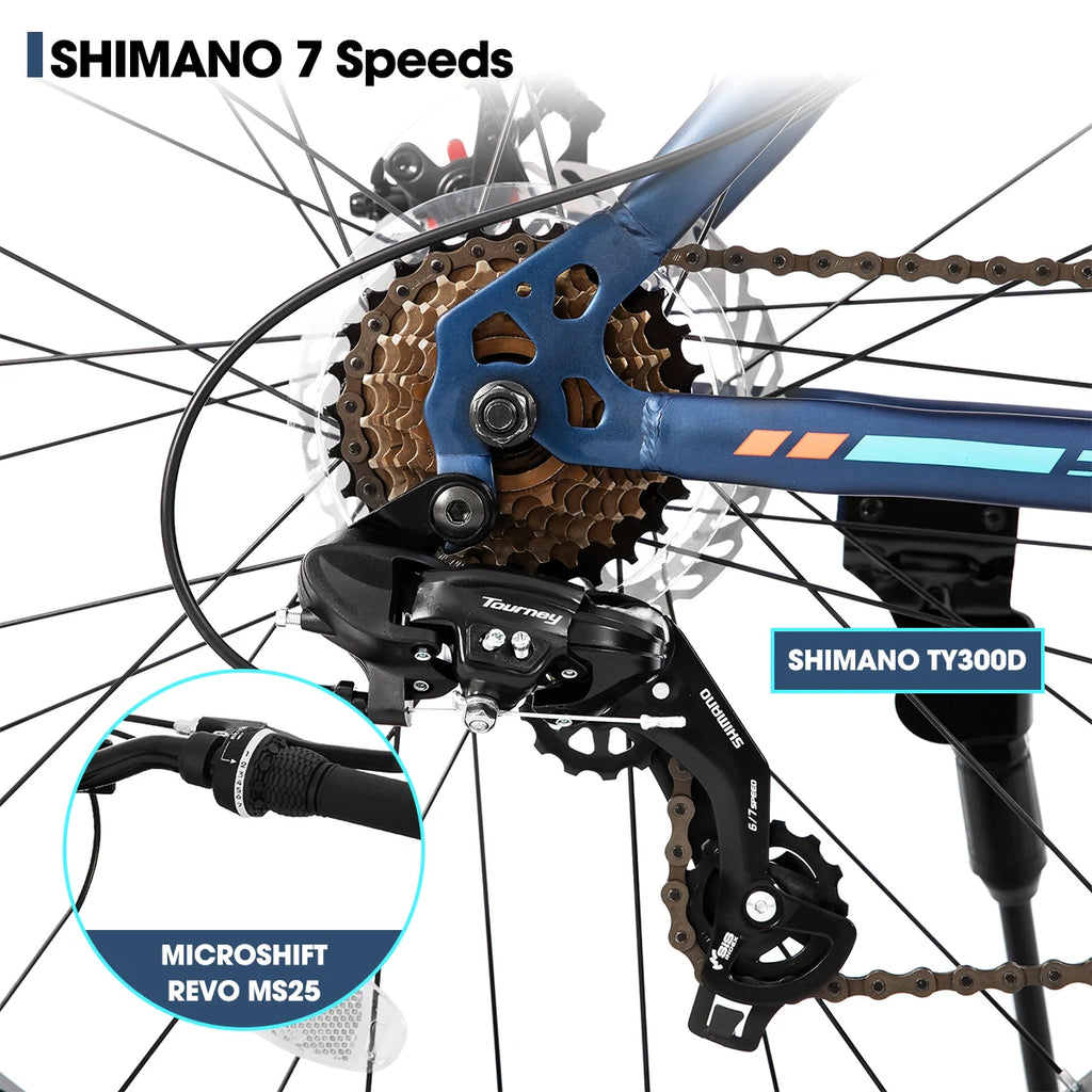 🚲 Fat Tire Mountain Bike – Shimano 7-Speed, Dual Disc Brakes (20” / 24” / 26”)