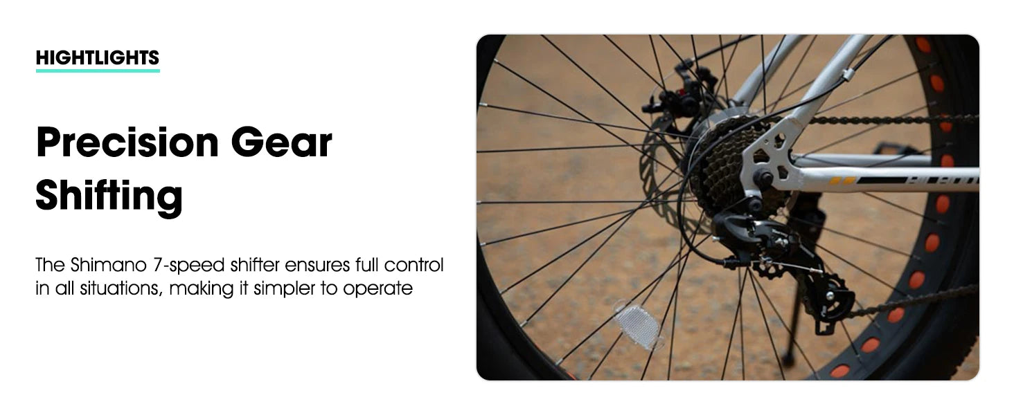 🚲 Fat Tire Mountain Bike – Shimano 7-Speed, Dual Disc Brakes (20” / 24” / 26”)