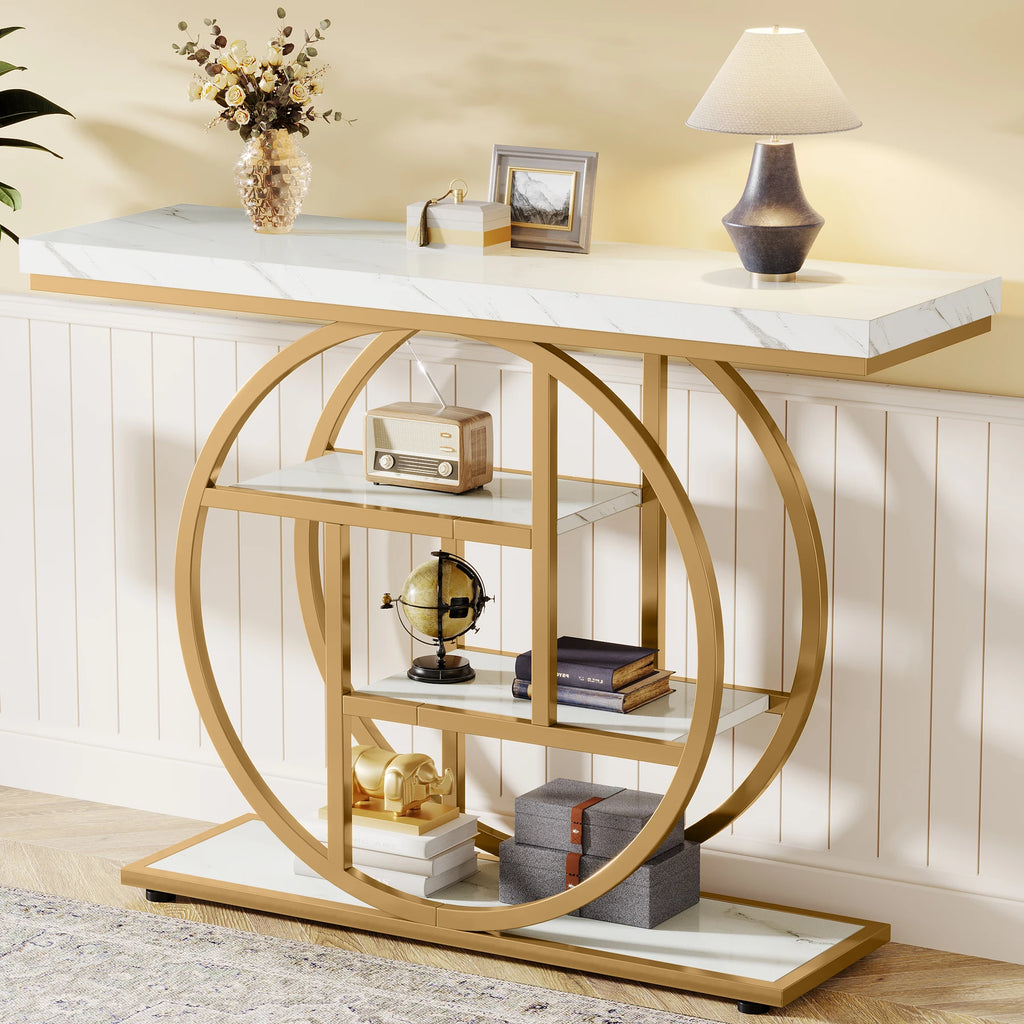 Modern 2-Ring Console Table ✨⭕ | 2-Tier Shelves + Wood Top (5 Colors)