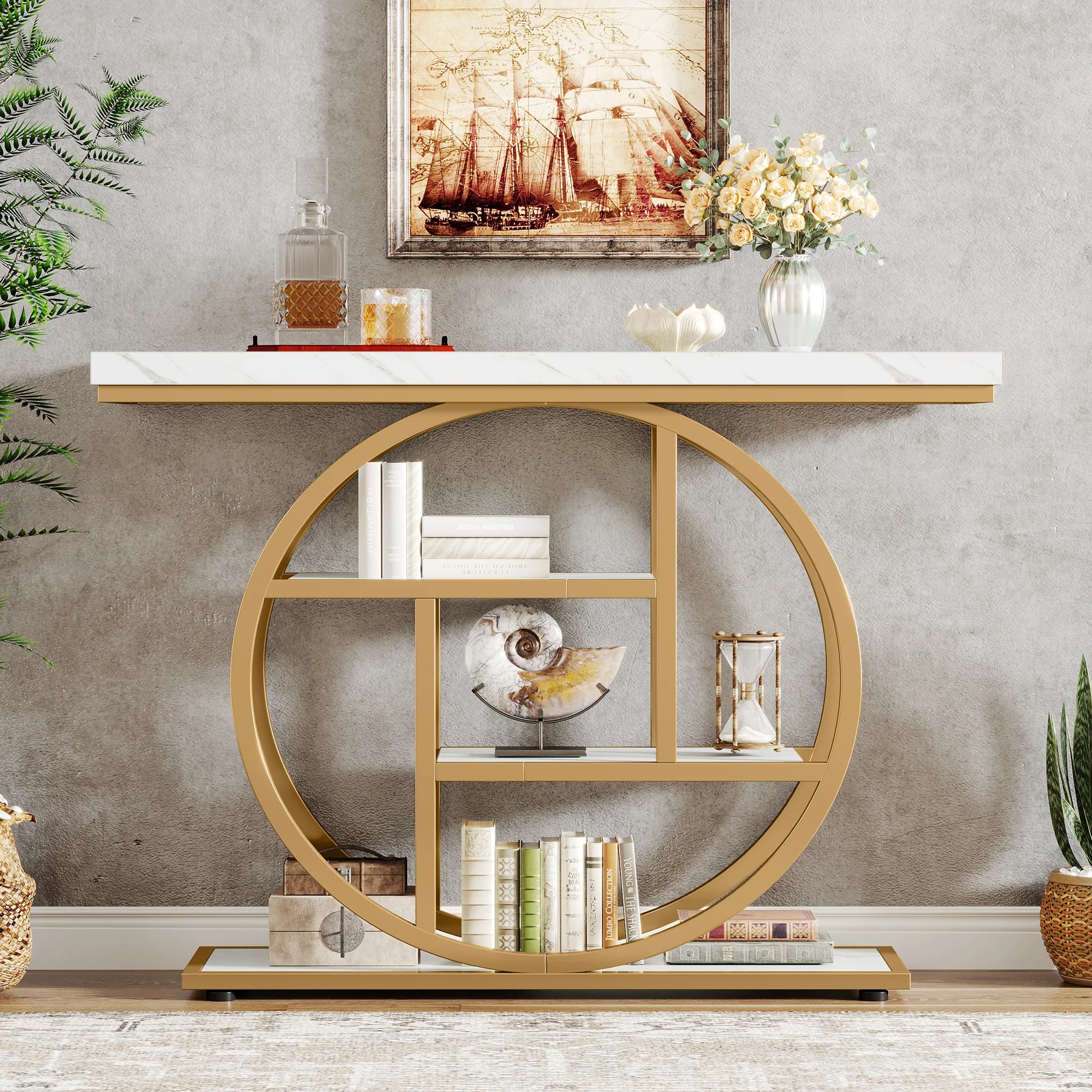 Modern 2-Ring Console Table ✨⭕ | 2-Tier Shelves + Wood Top (5 Colors)